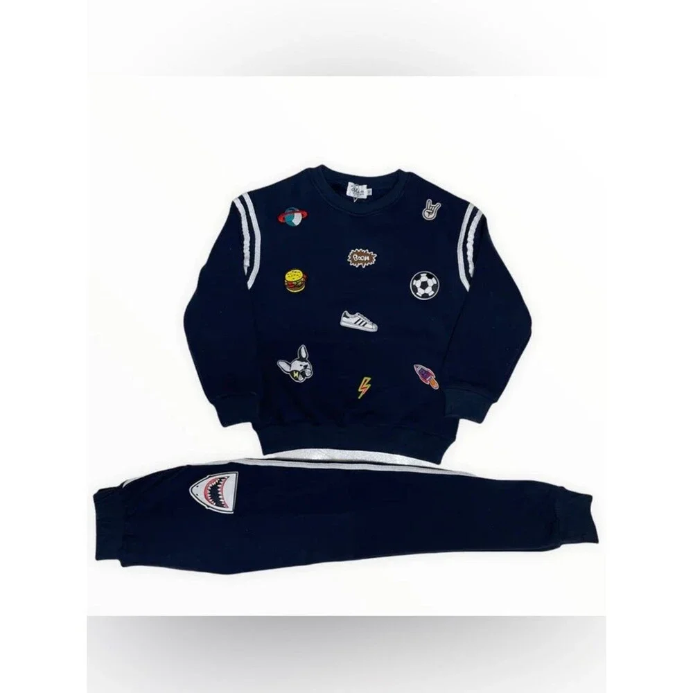 Lola + The Boys Kids Long Sleeve Embroidered Varsity Patch l Blue Jogger Set. 8